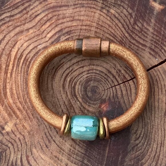 Artisan Leather Copper & Ceramic Cuff Bracelet Magnetic Closure - Picture 8 of 9